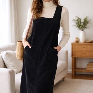 Women’s Black Corduroy Pinafore Dress with Front Pockets
